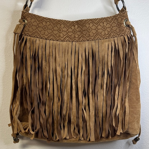 Roxy Faux Suede Tan Fringe Shoulder Boho Bag - Picture 2 of 10